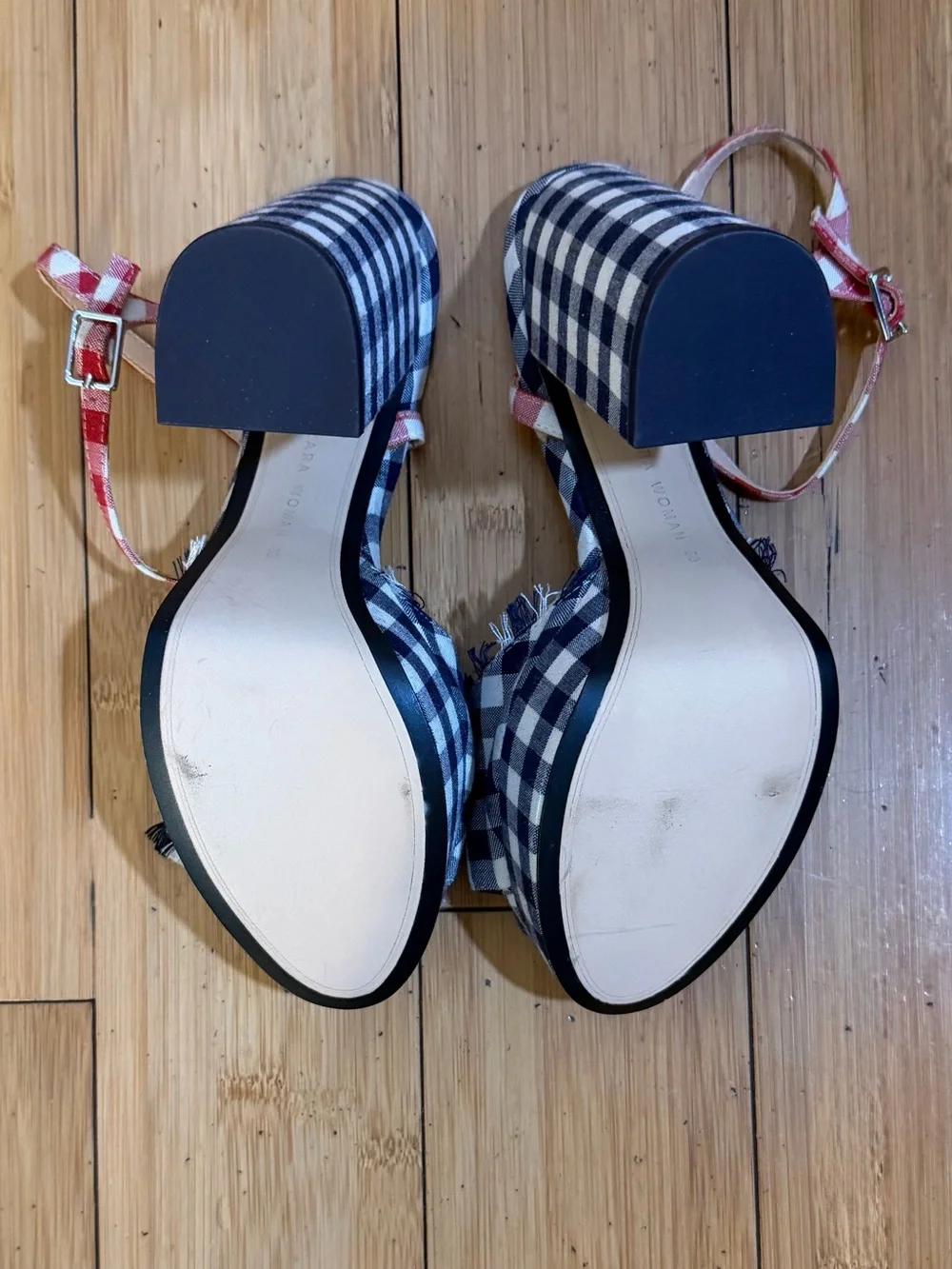 NWOT Zara Vichy Navy White Gingham Bejeweled Platform Heels Size 38 / 7.5